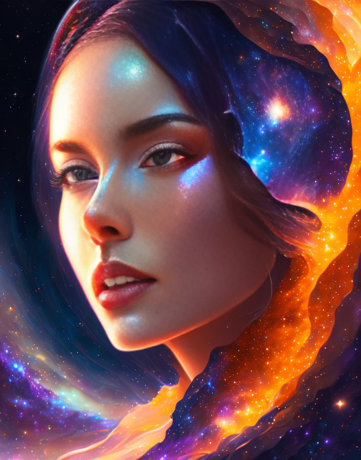 Cosmic-themed digital art portrait of a woman blending with vibrant nebula
