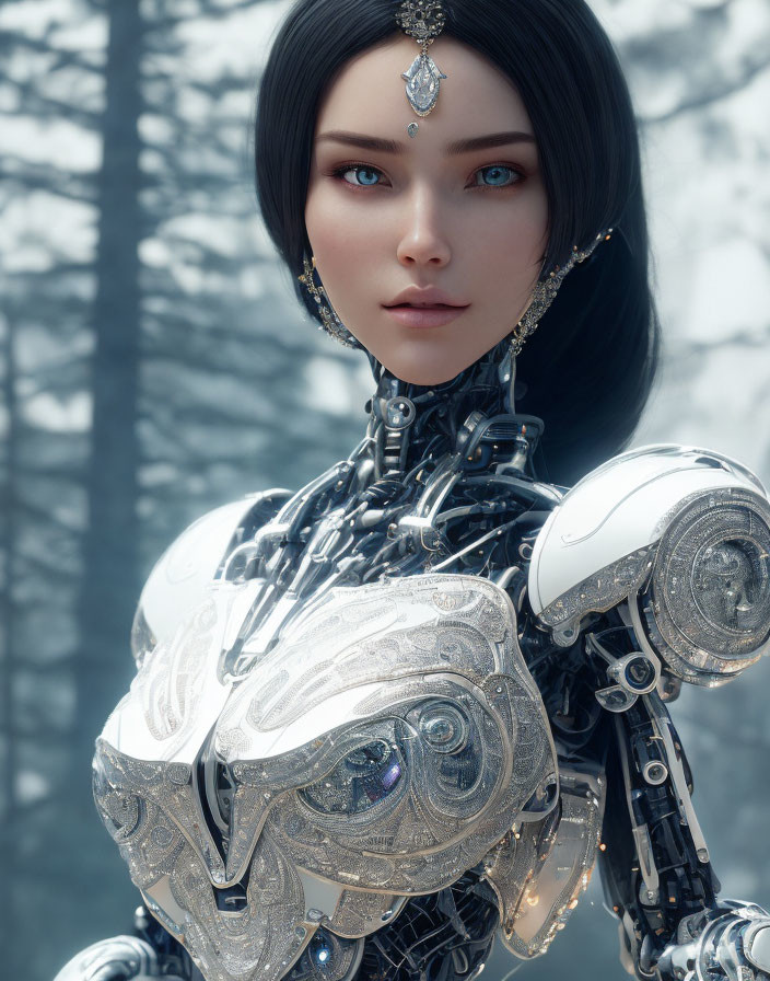 Female android in silver armor with delicate features against blurred tree backdrop