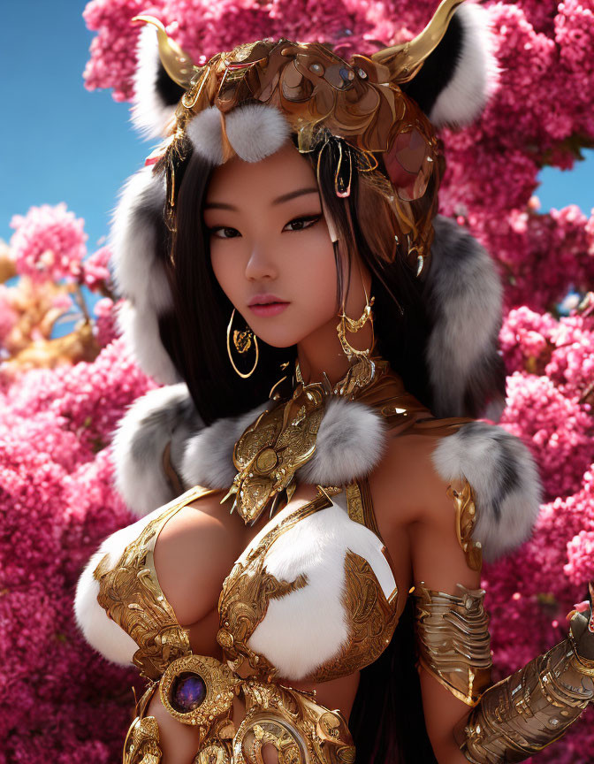 Digital artwork: Female character in golden armor with Asian features among pink blossoms