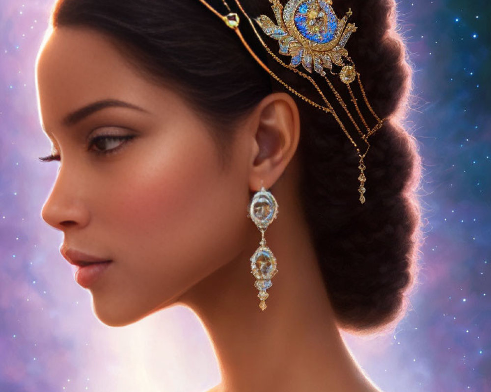 Elegant woman with updo in bejeweled headpiece and earrings on starry backdrop