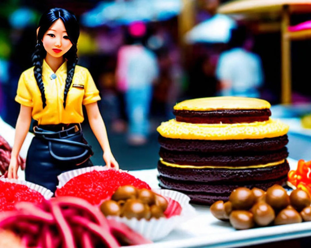 Miniature Woman Figure Among Food Models in Market Scene
