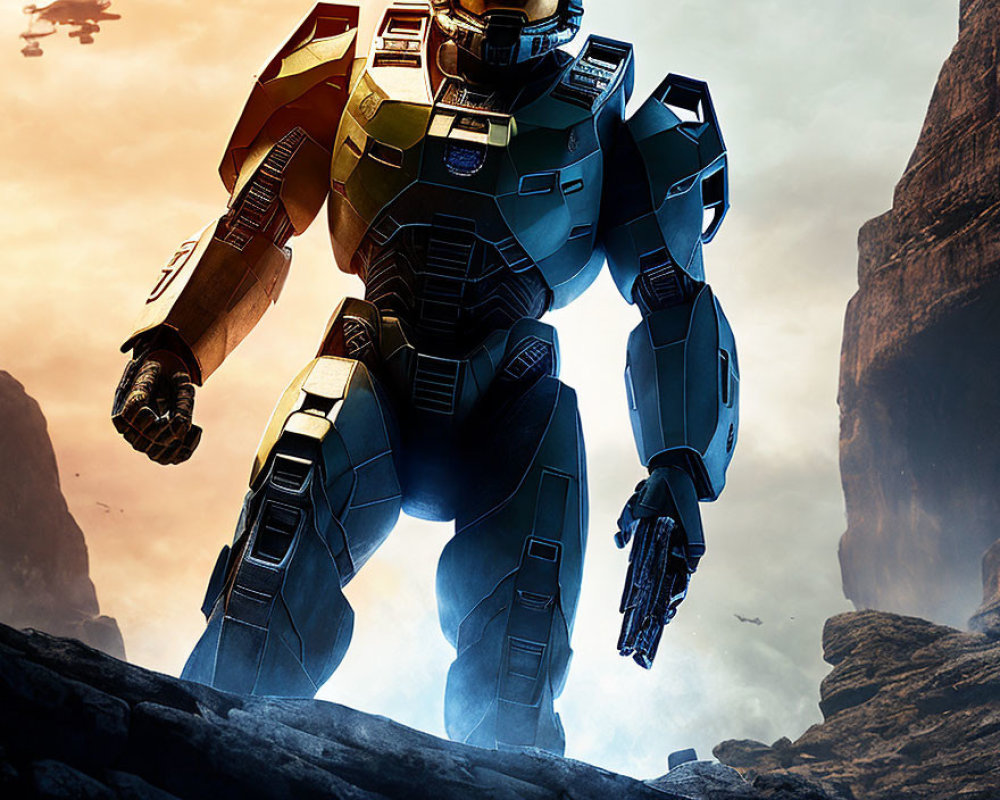 Robotic armored figure in rocky terrain with looming robot silhouette