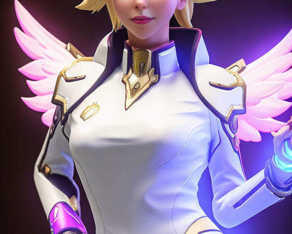 Blonde female character in white and gold suit with pink wings and futuristic weapon