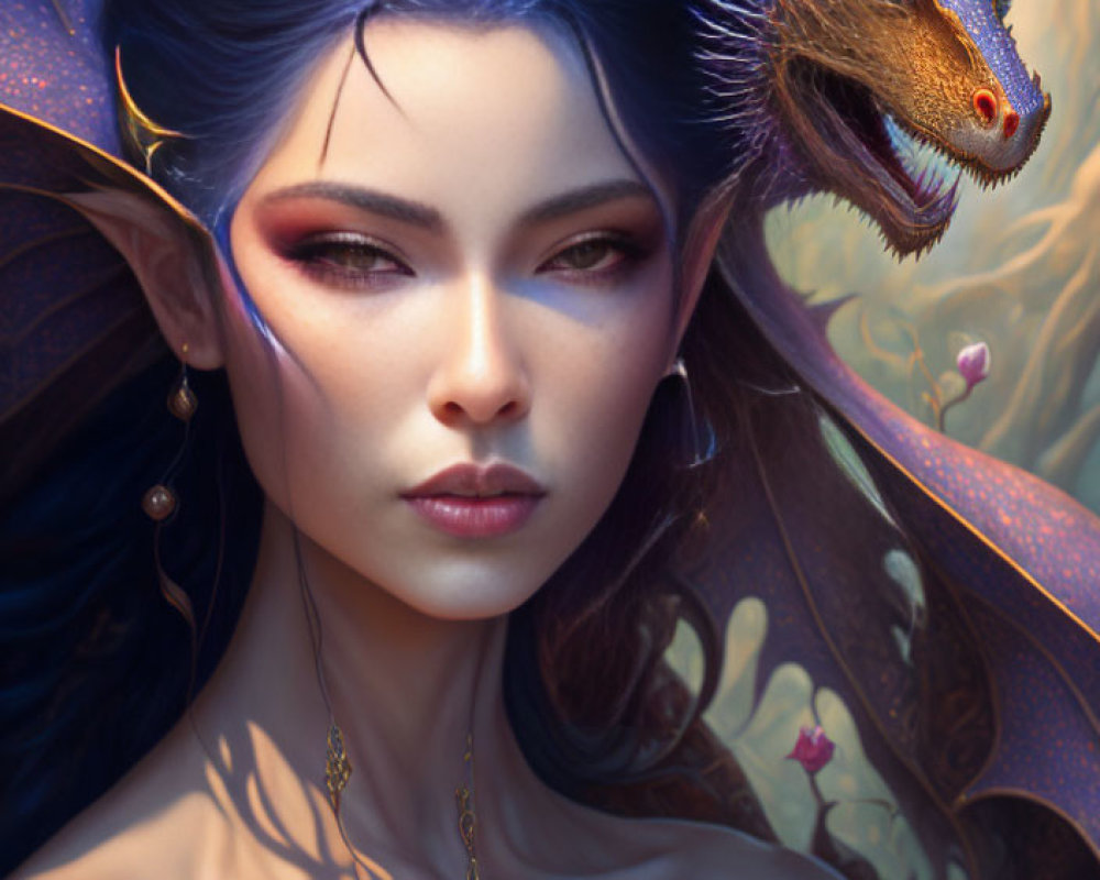 Fantasy portrait of woman with blue-purple hair and elfin ears with golden dragon in floral setting