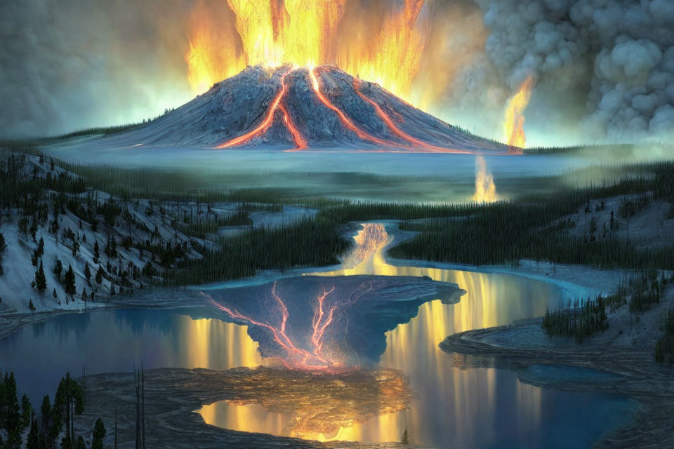 Volcanic eruption with fiery lava, reflective lake, twilight sky