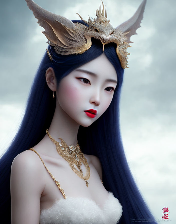 Ethereal woman with blue hair and dragon headpiece in cloudy sky
