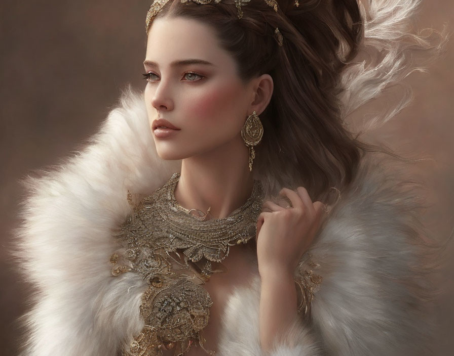 Regal woman in gold jewelry and fur cloak exudes elegance