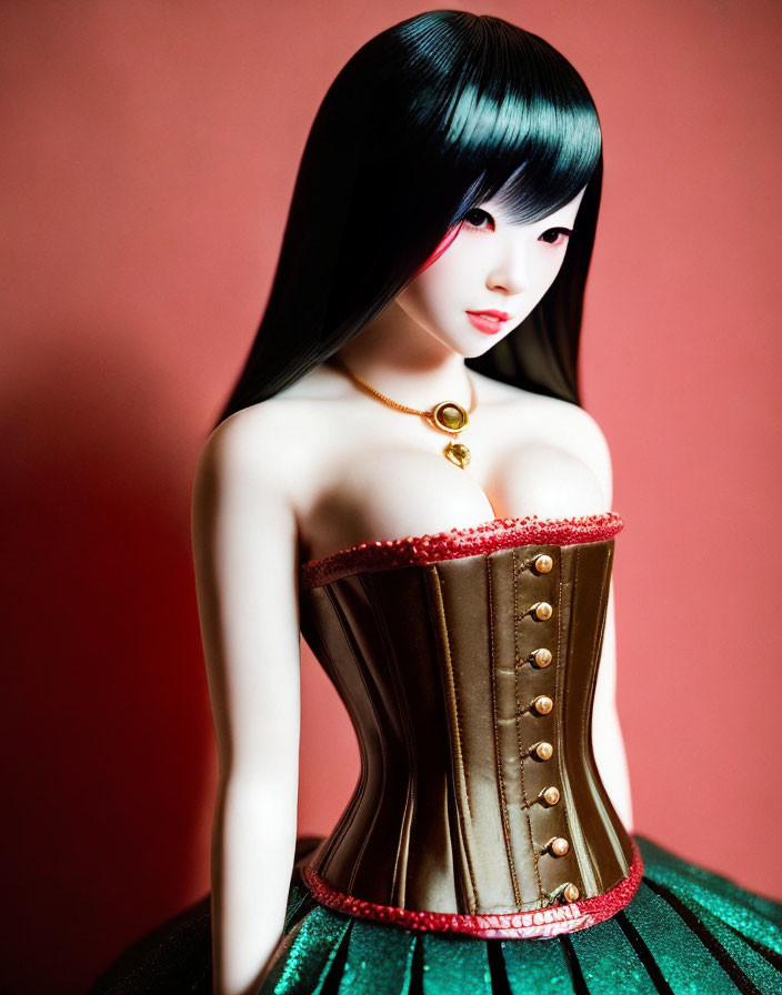Detailed Doll with Black Hair, Brown Corset, Green Skirt on Red Background