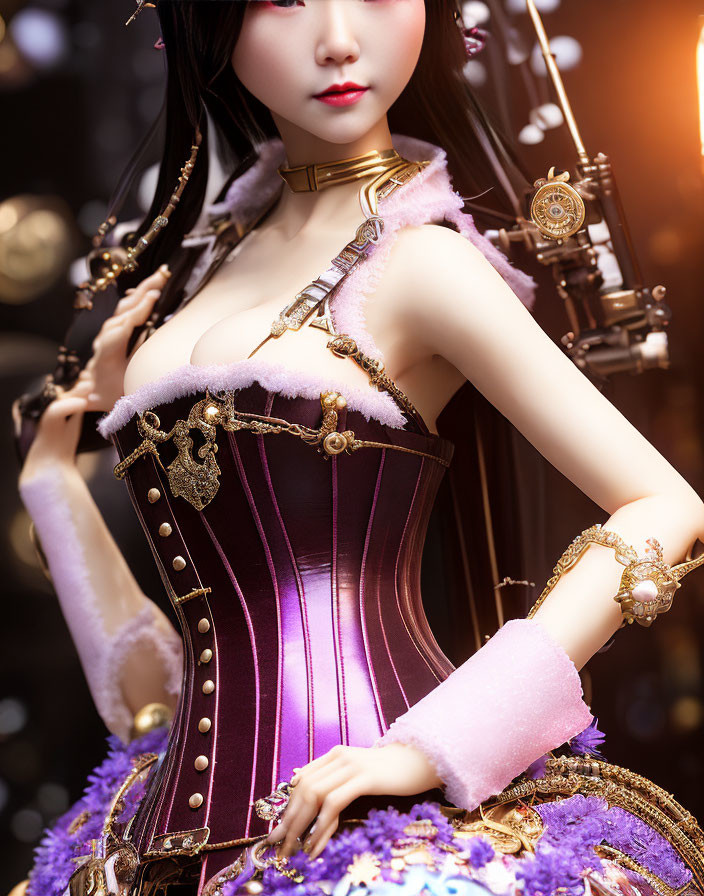 Detailed close-up of doll in purple corset with gold accents and pink fluffy shoulders on dark background