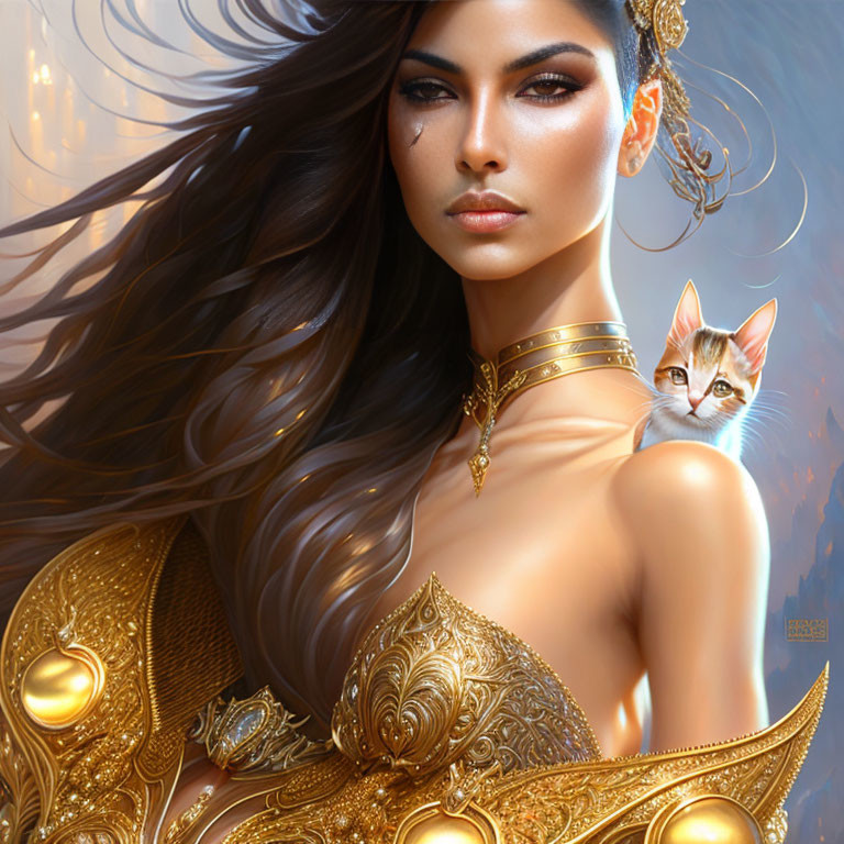 Digital artwork of woman with golden jewelry and kitten on shoulder, mystical ambiance