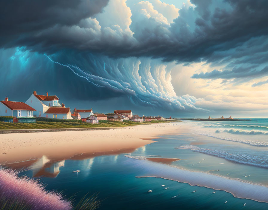 Dramatic coastal scene with storm clouds over serene beach