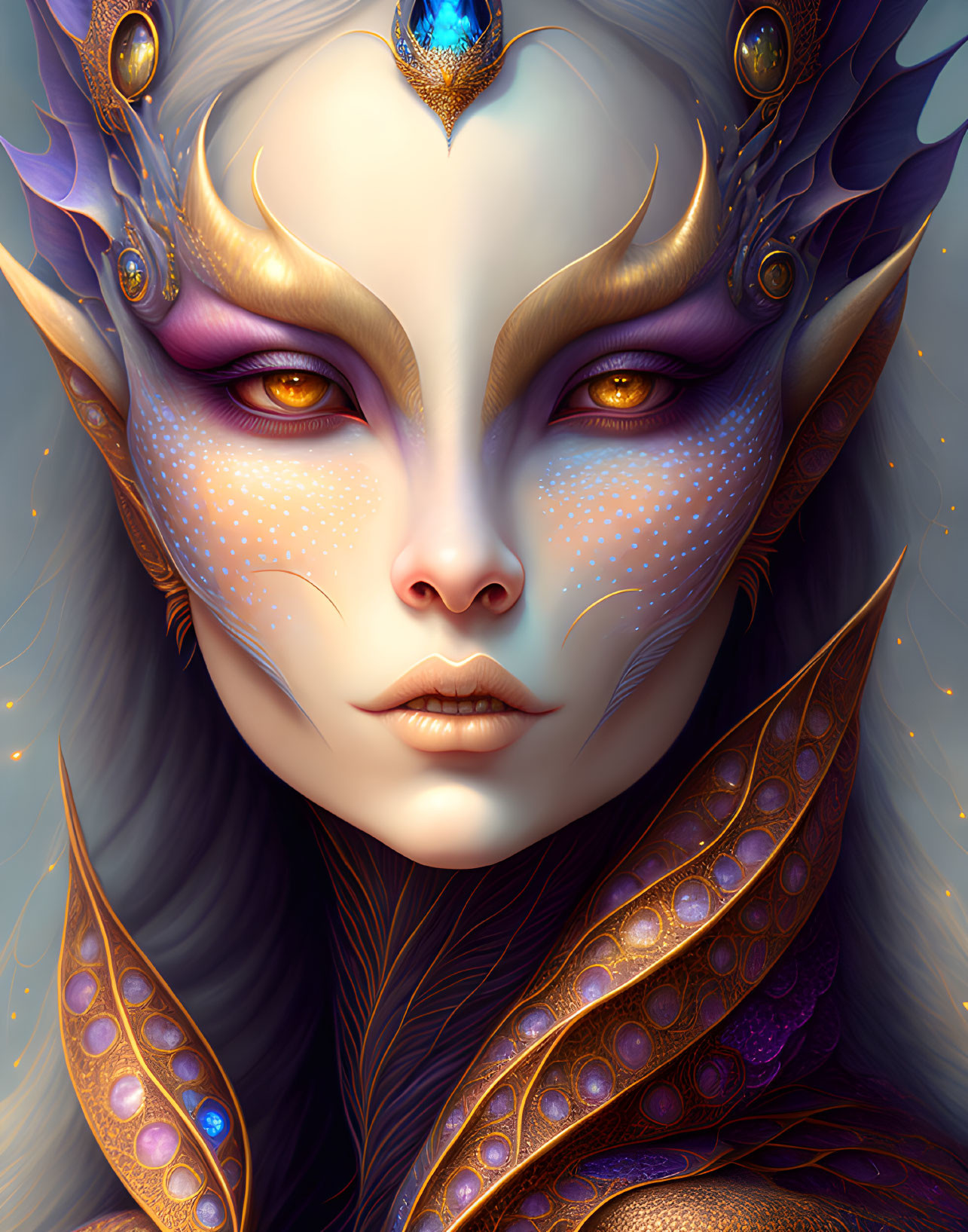 Detailed Fantasy Female Character with Elf-like Features and Ornate Purple & Gold Accessories