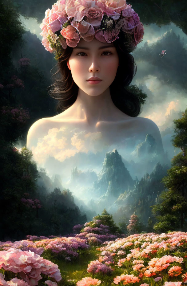 Woman with floral crown in serene mountain landscape