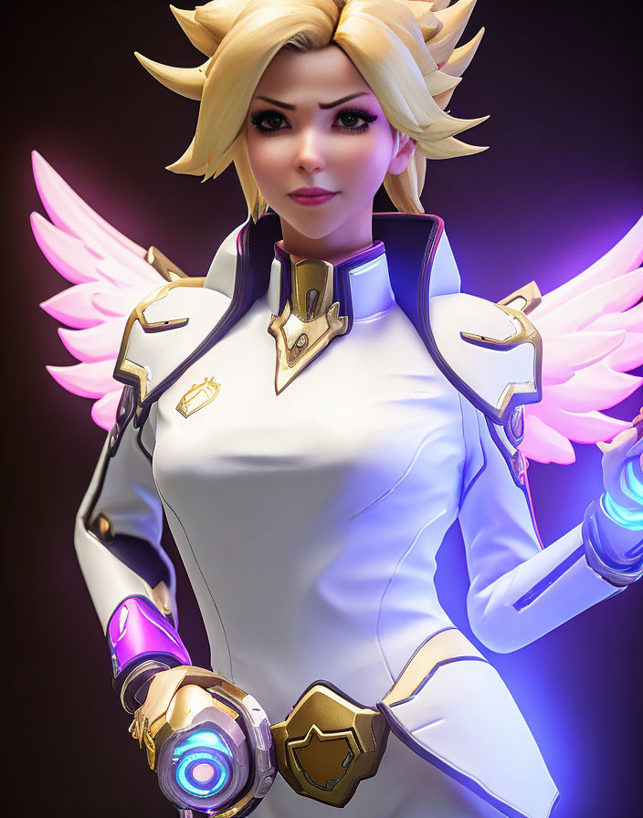 Blonde female character in white and gold suit with pink wings and futuristic weapon