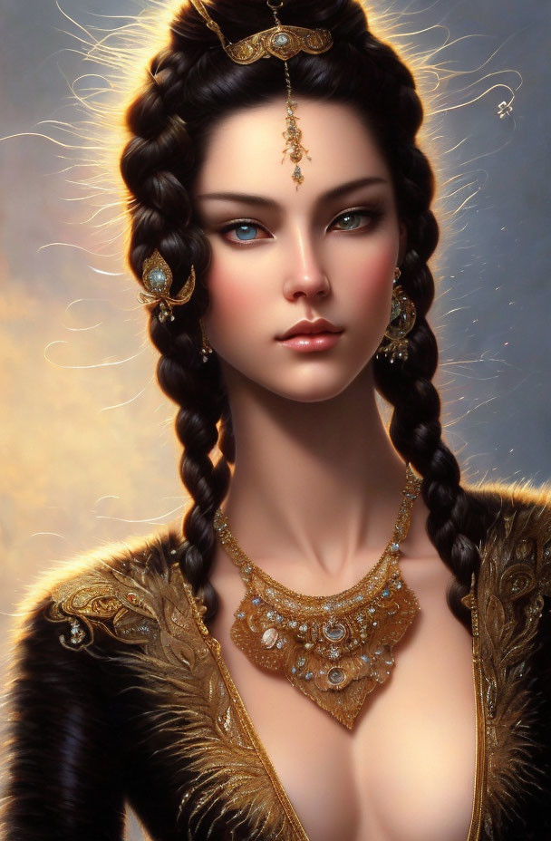 Regal woman digital artwork with braided dark hair and gold jewelry