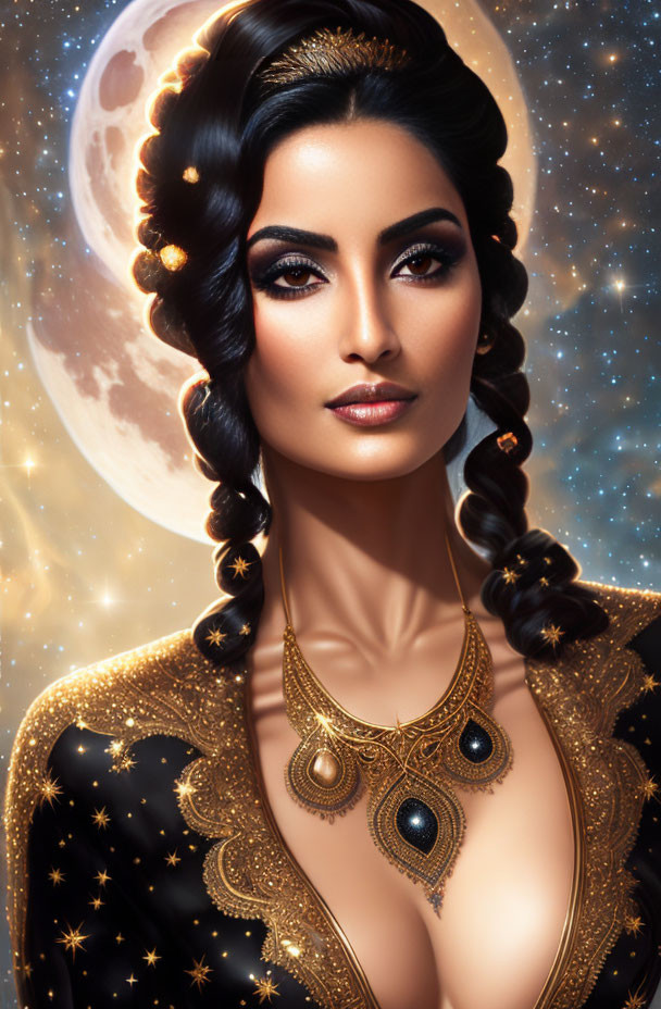 Woman with Cosmic Background and Elegant Jewelry Hairstyle