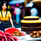 Miniature Woman Figure Among Food Models in Market Scene