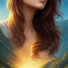 Vibrant digital artwork: woman with fiery orange hair merging with sunset landscape