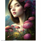 Vibrant animated girl with large eyes in purple flower setting