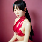 Asian-featured doll in red dress against pink background