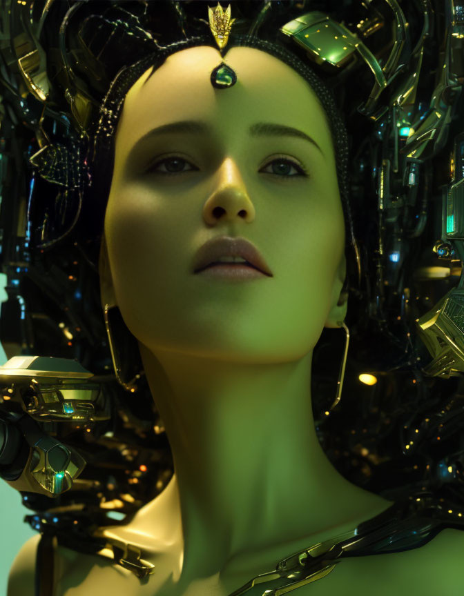 Futuristic woman with cybernetic enhancements and green headgear in sci-fi setting