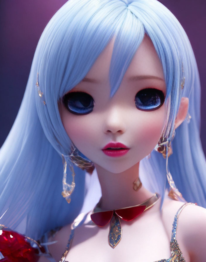 Close-up of doll with large blue eyes, blue hair, and intricate gold jewelry