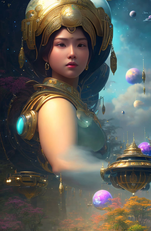 Woman in Golden Futuristic Armor Amid Fantasy Landscape