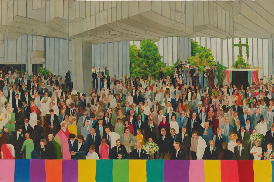 Colorful painting of diverse crowd in grand hall with banners and greenery