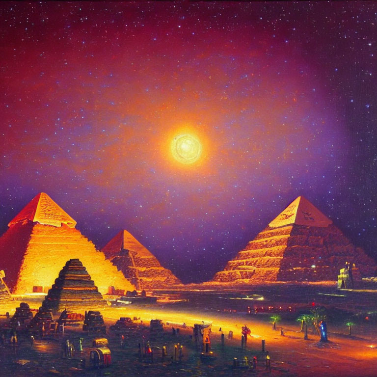 Egyptian Pyramids under Starry Night Sky with Radiant Celestial Body