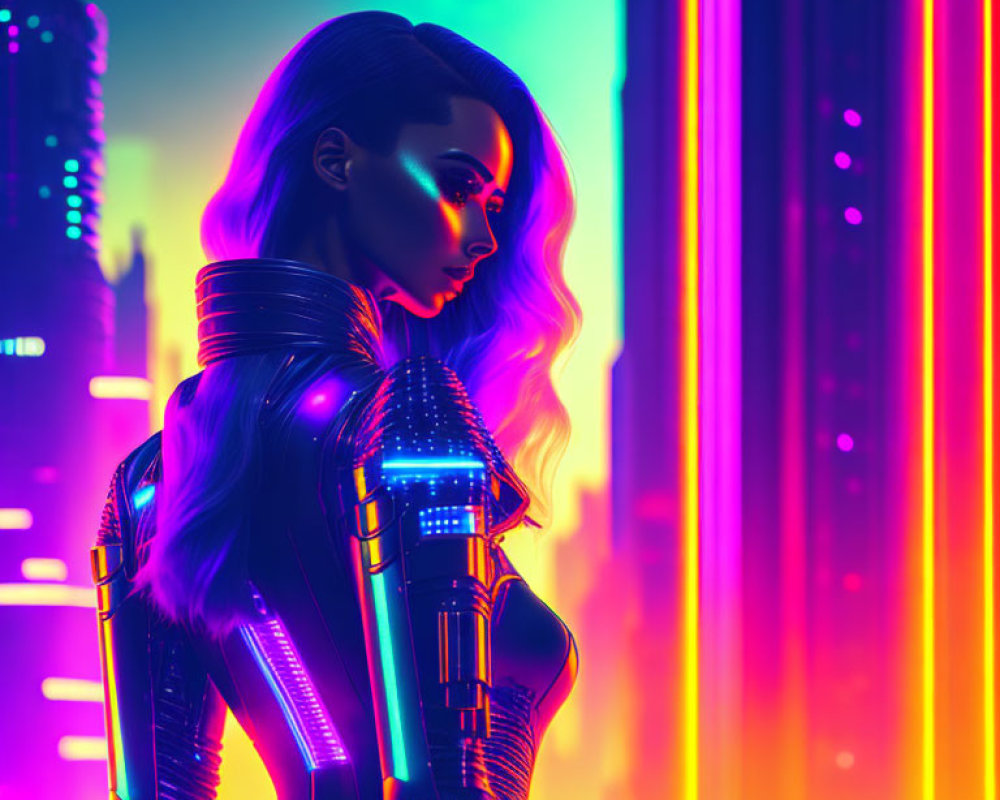 Futuristic woman in neon outlines in vibrant cyberpunk cityscape