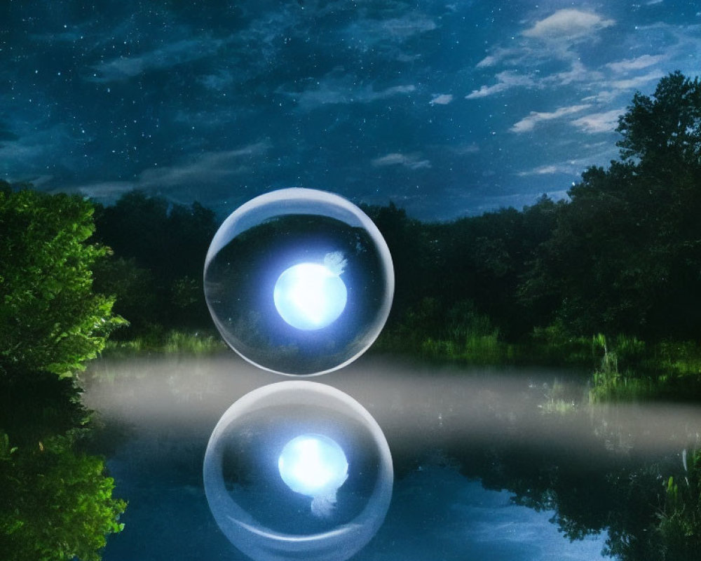 Tranquil night landscape with glowing orb above calm lake