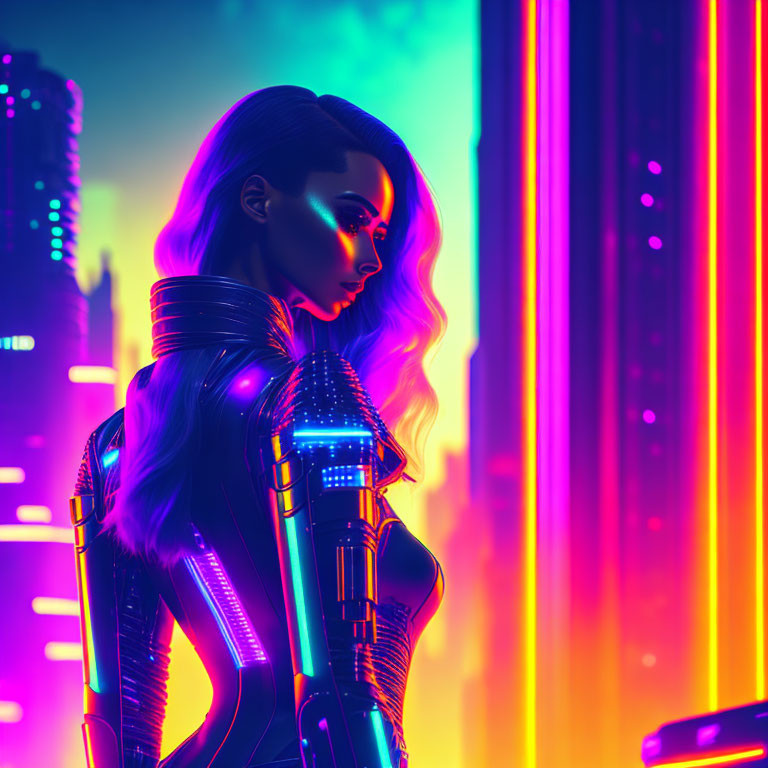 Futuristic woman in neon outlines in vibrant cyberpunk cityscape
