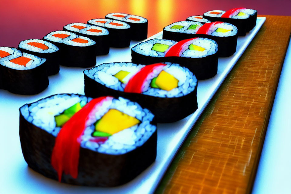 Assorted Sushi Rolls Displayed on Glossy Surface