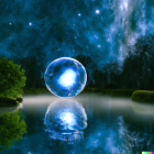 Tranquil night landscape with glowing orb above calm lake