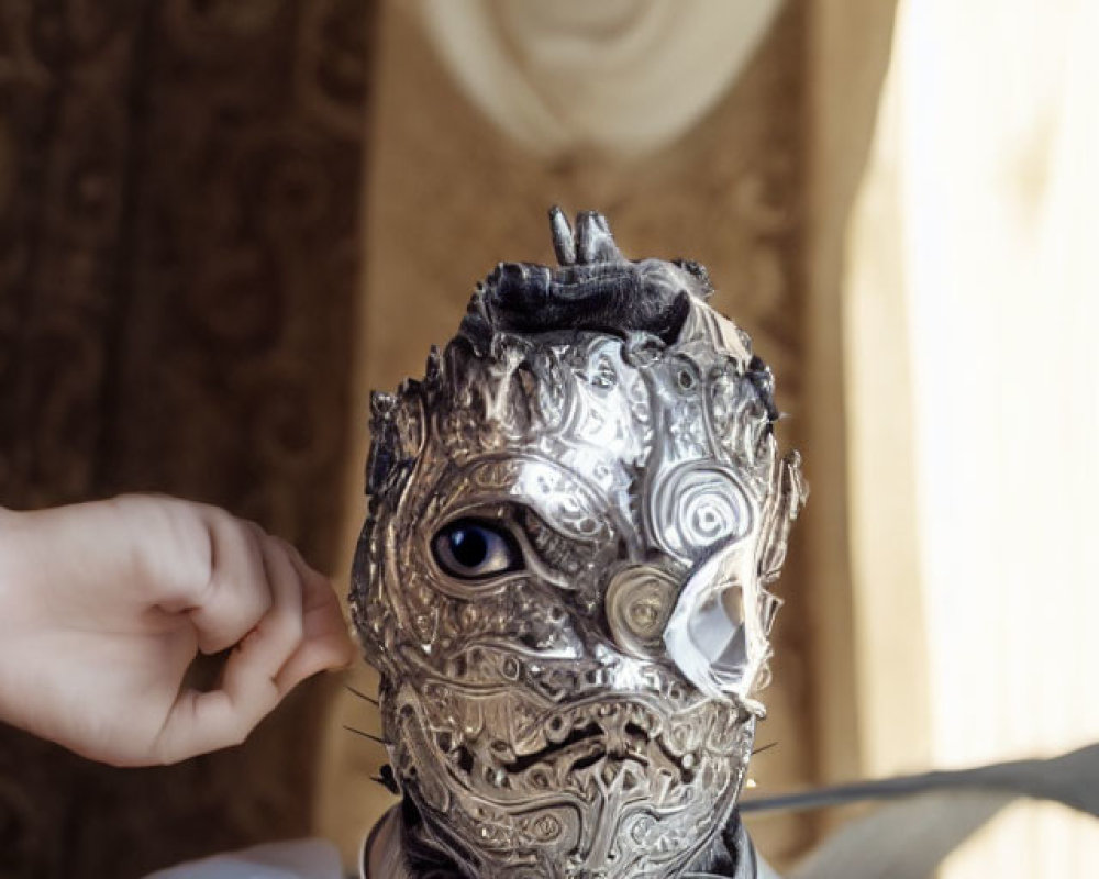 Intricate Silver Mask with Swirl Patterns Revealing Eye