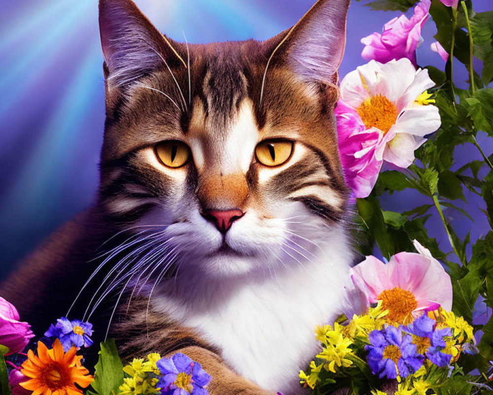 Tabby Cat with Amber Eyes Surrounded by Colorful Flowers
