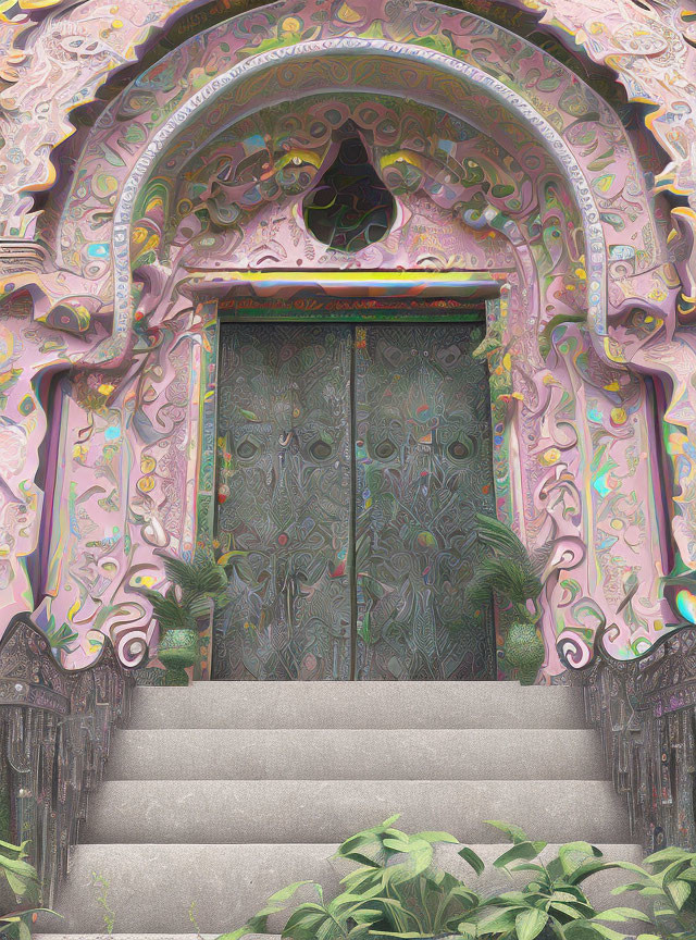 Colorful Psychedelic Patterned Door with Detailed Archway and Foliage