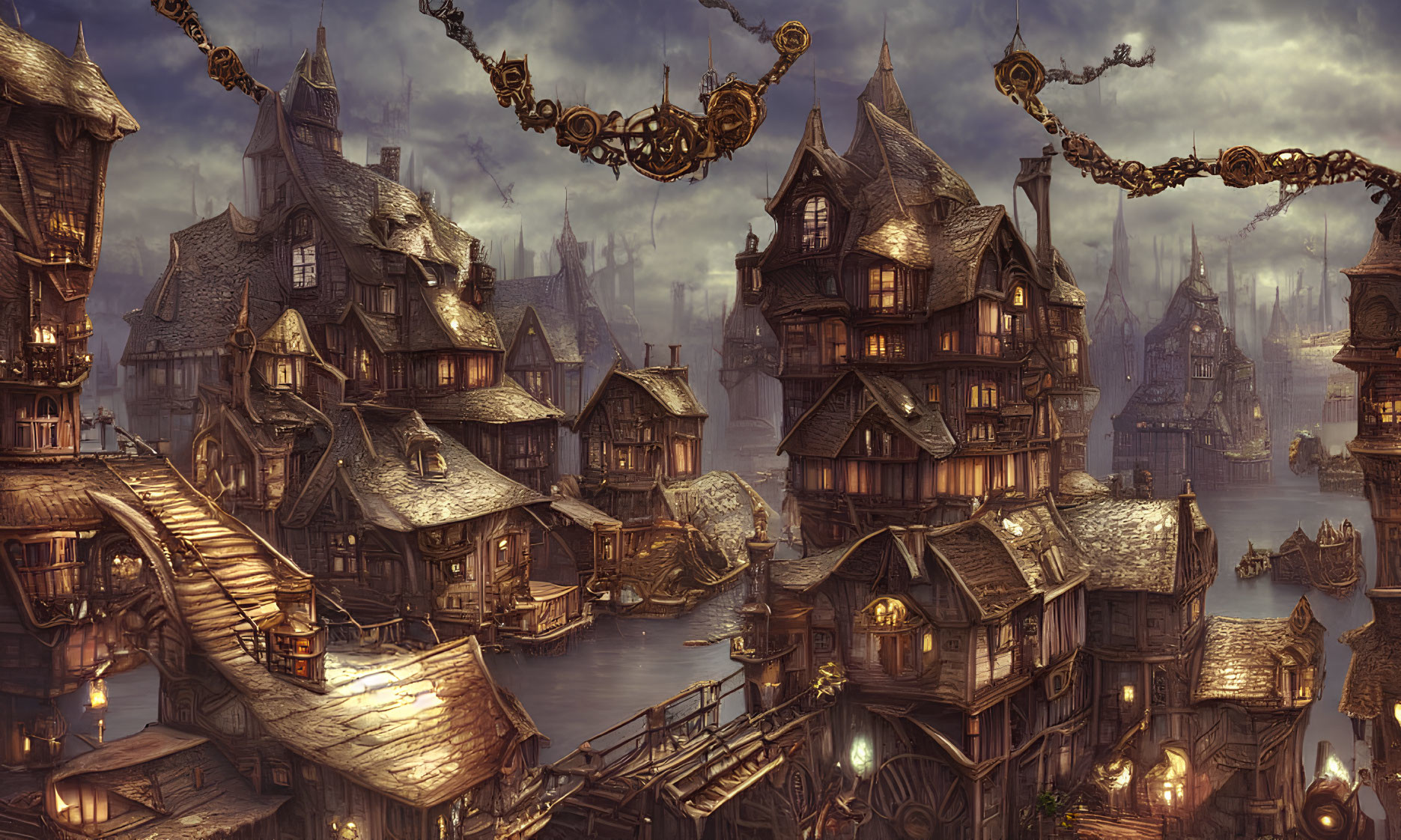 Medieval-style fantasy port city with cobbled streets and golden chains