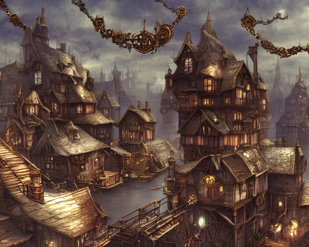 Medieval-style fantasy port city with cobbled streets and golden chains