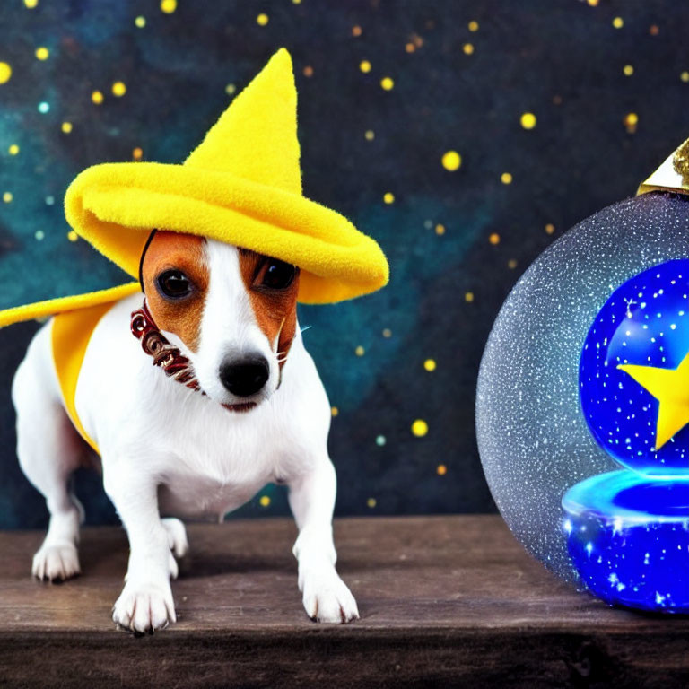 Jack Russell Terrier in Yellow Wizard Hat Beside Blue Magical Orb