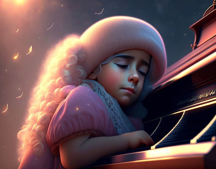 Digital artwork: Young girl asleep on piano under starry night.