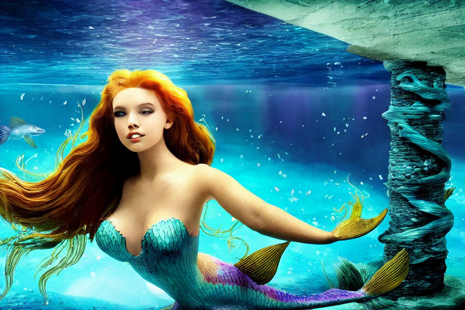 Red-haired mermaid with blue tail, fish, and ice column underwater