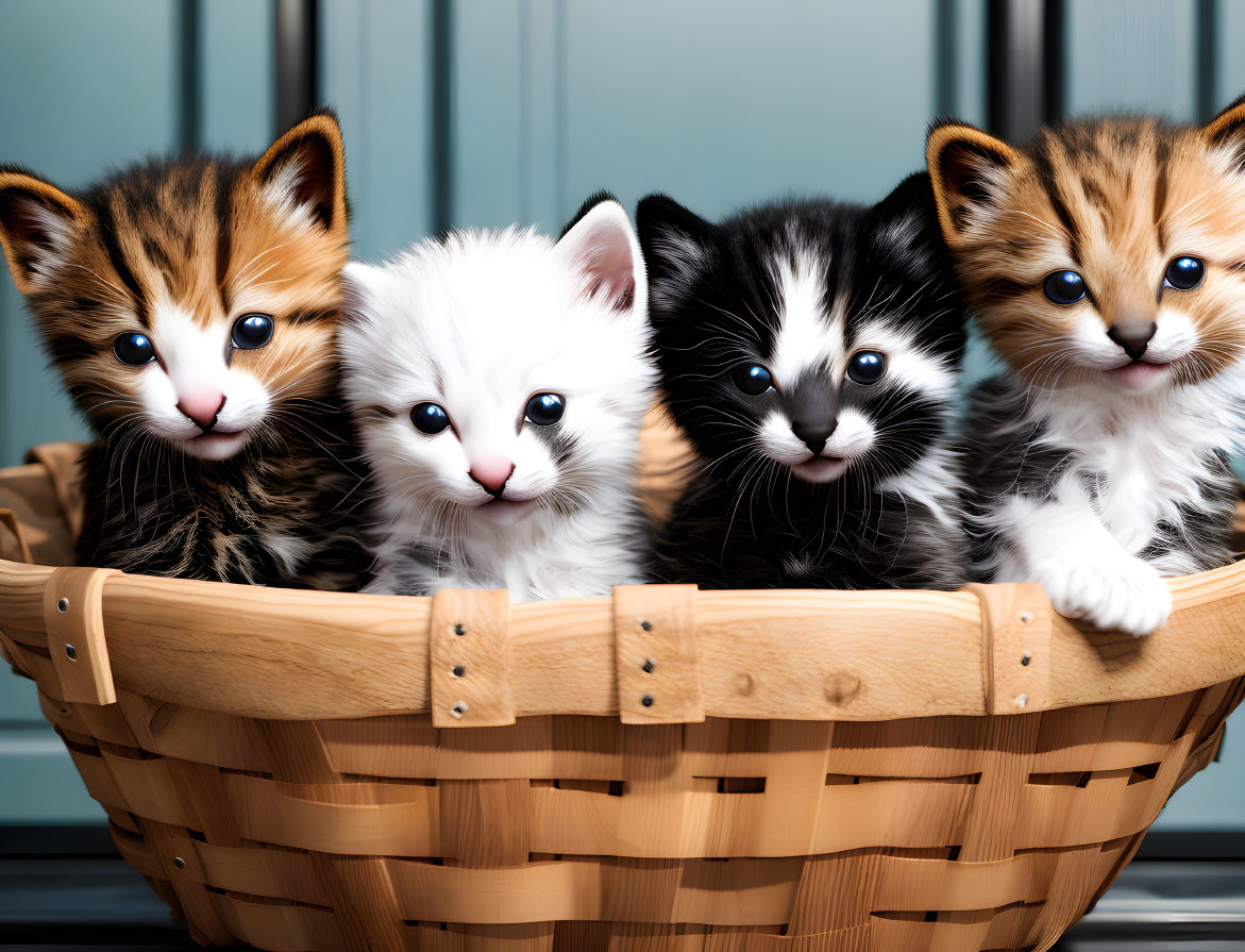 Four Cute Kittens in Various Fur Patterns in Woven Basket