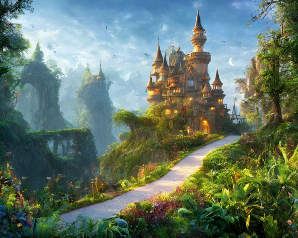 Enchanting castle in lush forest under golden sunlight