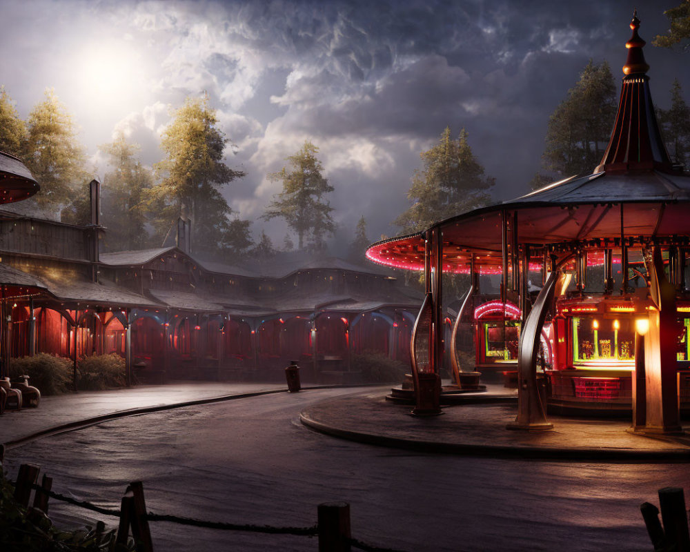 Vintage carousel rides in empty amusement park under dramatic moonlit sky