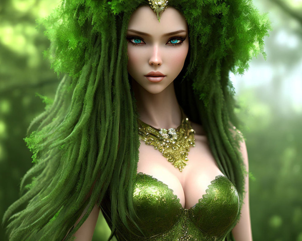 Fantasy digital artwork of female figure with green hair and dress