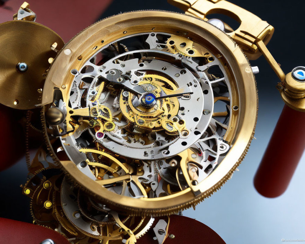 Detailed View of Watch Movement Parts with Gears, Springs, and Jewel Bearings