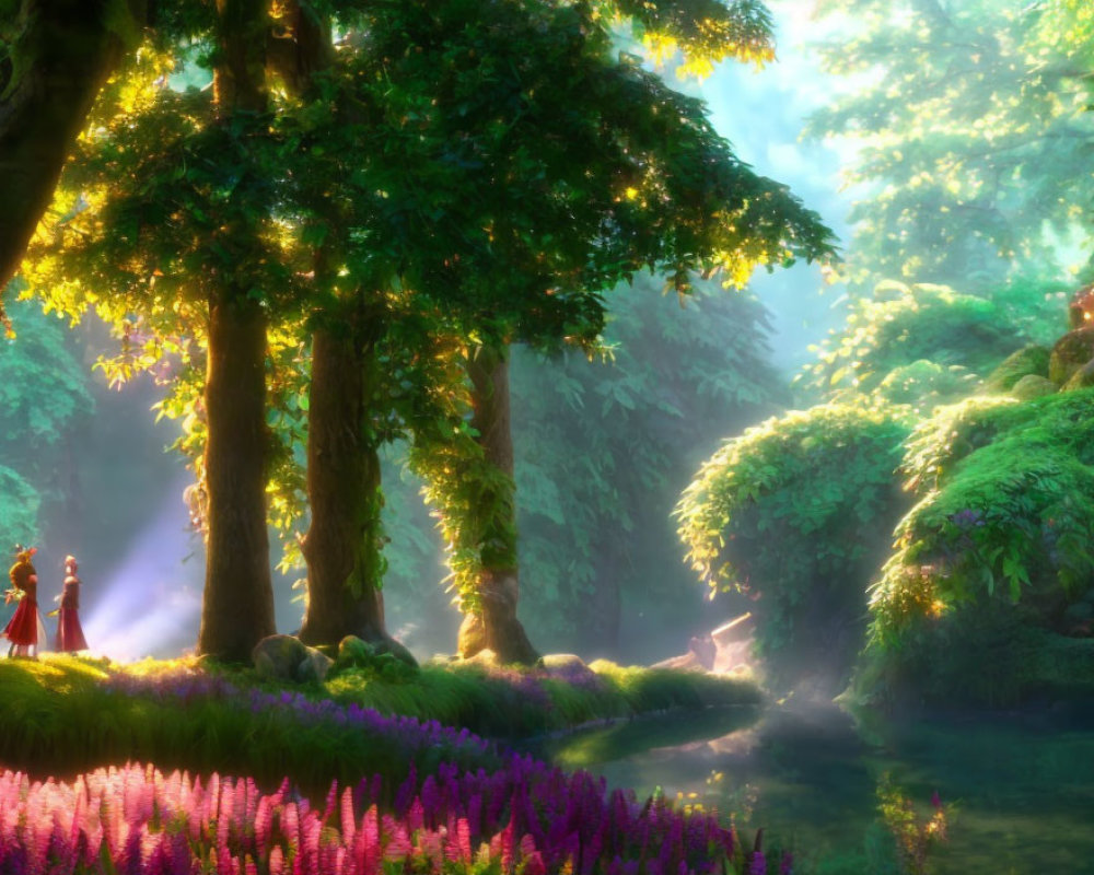 Enchanted forest with purple flowers, green trees, and figures walking.