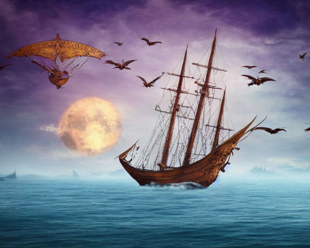 Sailing ship at dusk with moon and birds in tranquil waters