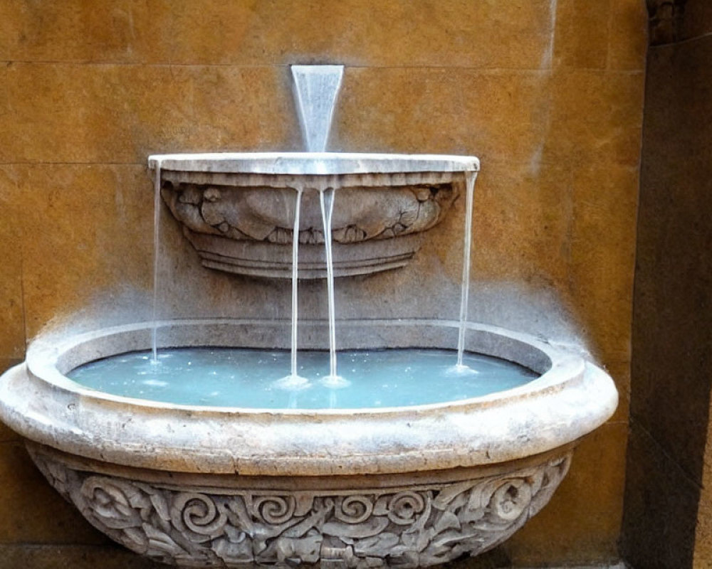 Stone fountain with water flowing into basin against tiled wall